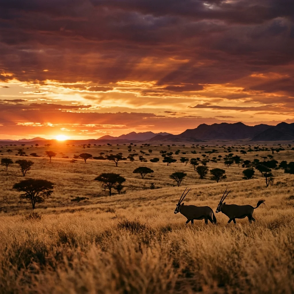 Namibian savanna at sunset with oryx silhouettes